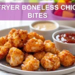 AIR FRYER BONELESS CHICKEN BITES plated close up with roasted vegetables and dipping sauces warm light