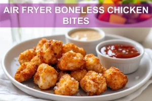 AIR FRYER BONELESS CHICKEN BITES plated close up with roasted vegetables and dipping sauces warm light