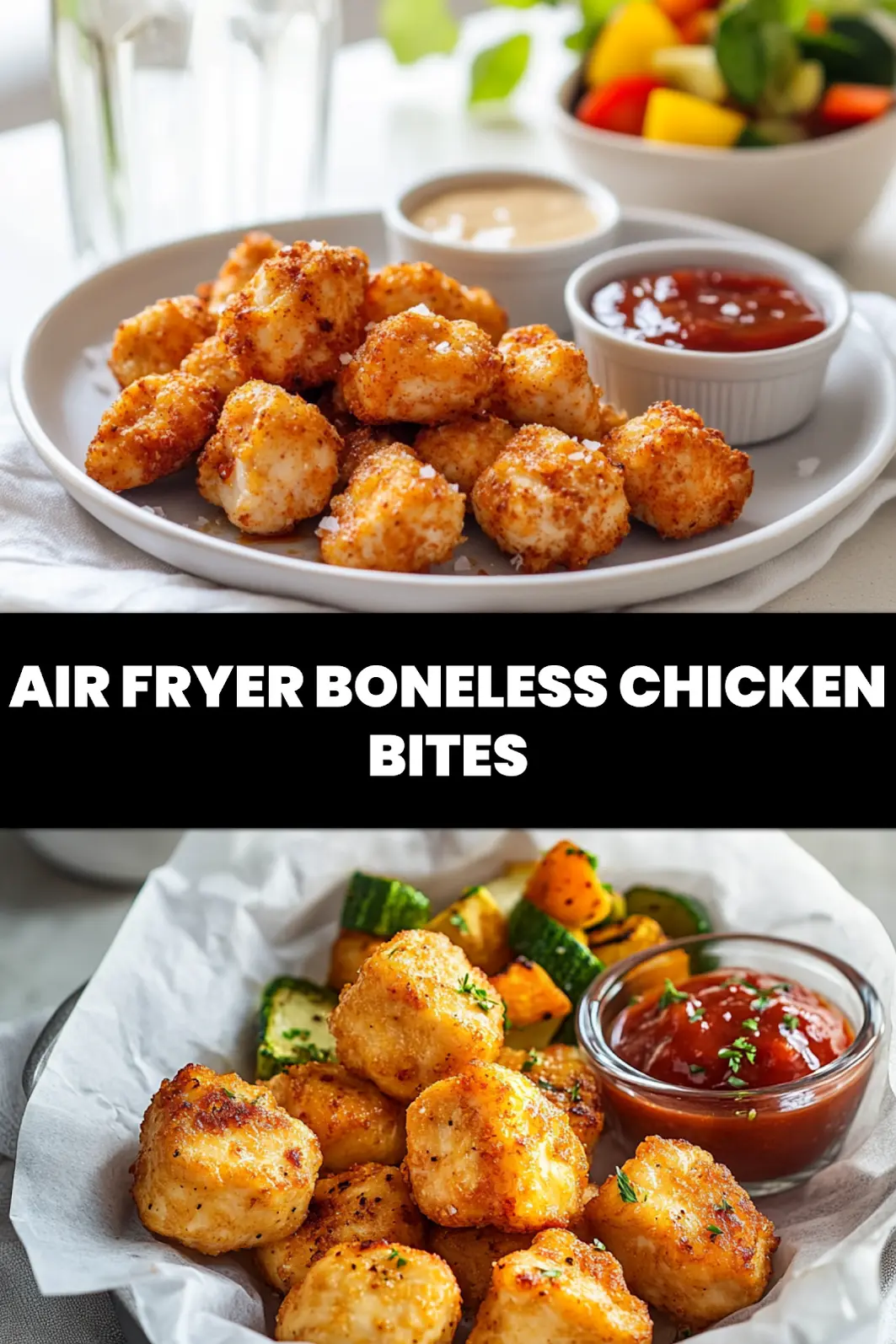 AIR FRYER BONELESS CHICKEN BITES plated close up with roasted vegetables and dipping sauces warm light_pin