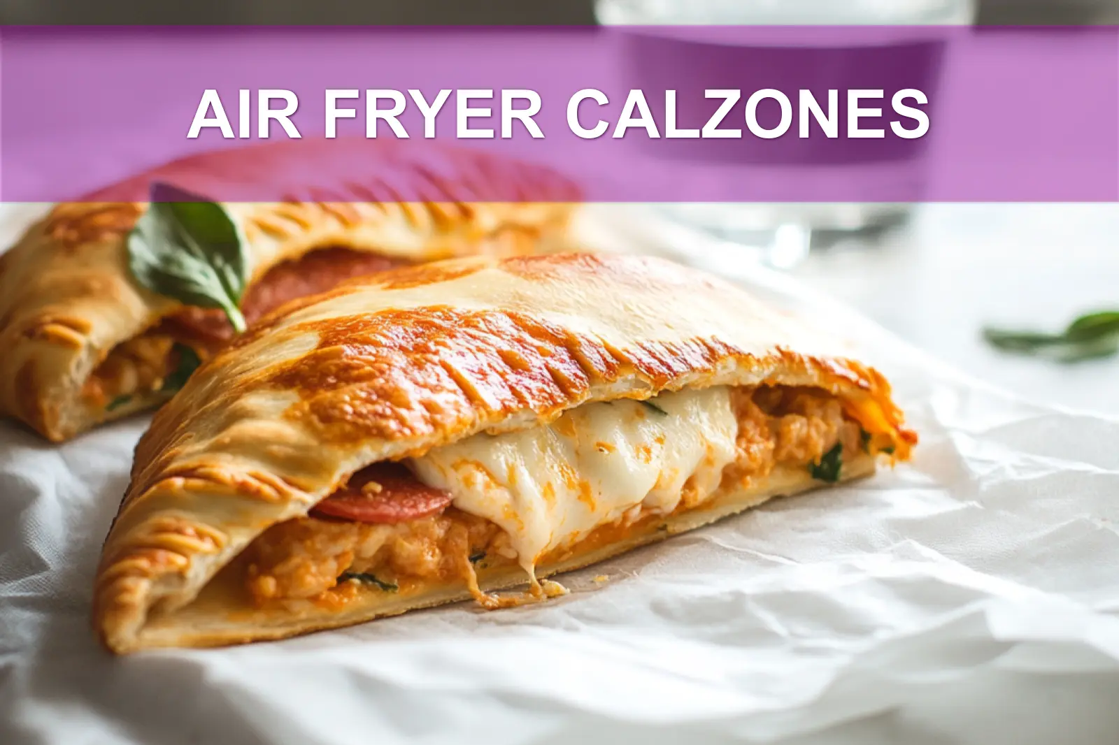 AIR FRYER CALZONES golden crust and melted cheese on white napkin