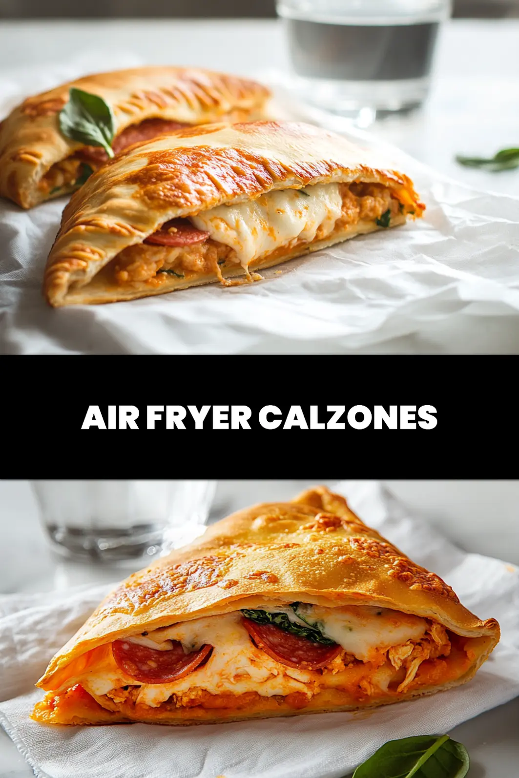 AIR FRYER CALZONES golden crust and melted cheese on white napkin_pin