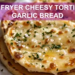 AIR FRYER CHEESY TORTILLA GARLIC BREAD melted cheese golden edges fresh herbs on napkin