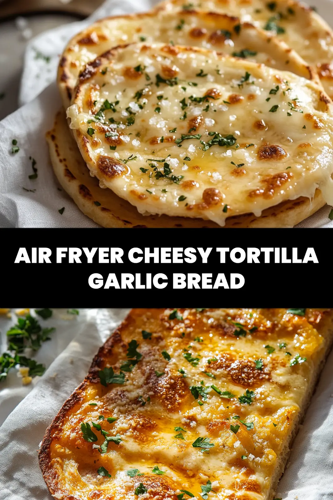 Air Fryer Cheesy Tortilla Garlic Bread: Simple, Irresistible 6 AIR FRYER CHEESY TORTILLA GARLIC BREAD melted cheese golden edges fresh herbs on napkin_pin