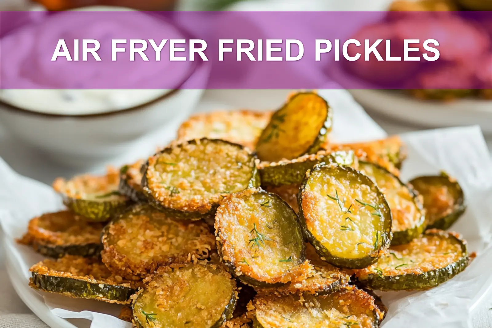 AIR FRYER FRIED PICKLES golden crispy chips with dill and creamy dip in warm light