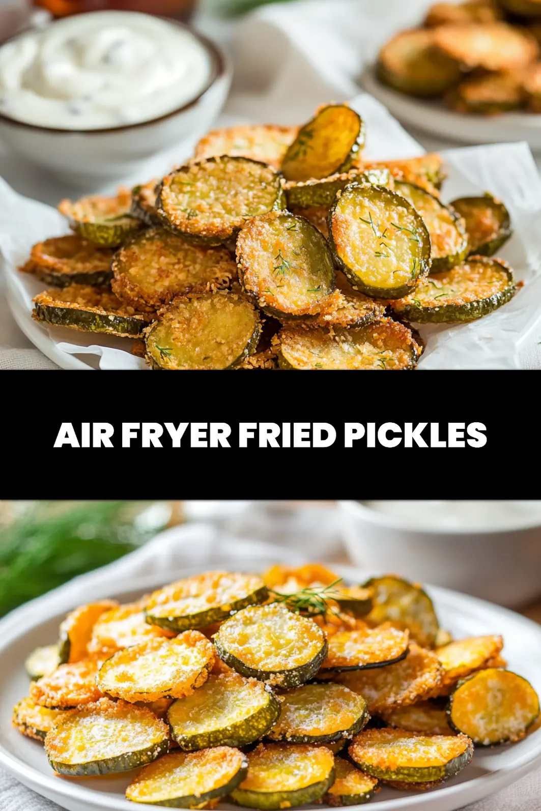 AIR FRYER FRIED PICKLES golden crispy chips with dill and creamy dip in warm light_pin