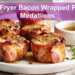 Air Fryer Bacon Wrapped Pork Medallions on white napkin with glass of water warm lighting