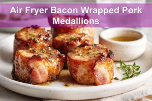 Air Fryer Bacon Wrapped Pork Medallions on white napkin with glass of water warm lighting