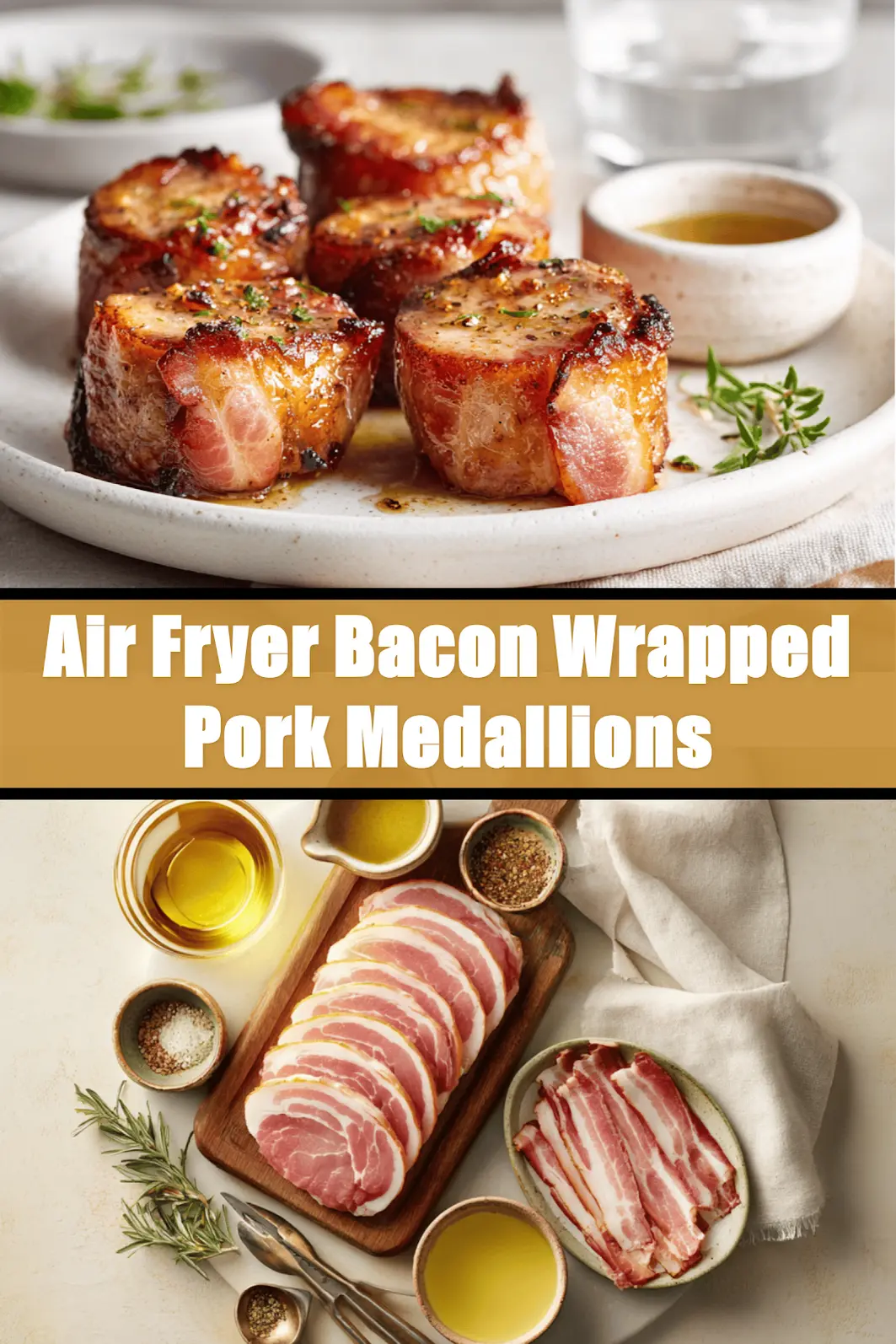 Air Fryer Bacon-Wrapped Pork Medallions: Irresistibly Easy Recipe 6 Air Fryer Bacon Wrapped Pork Medallions on white napkin with glass of water warm lighting_pin