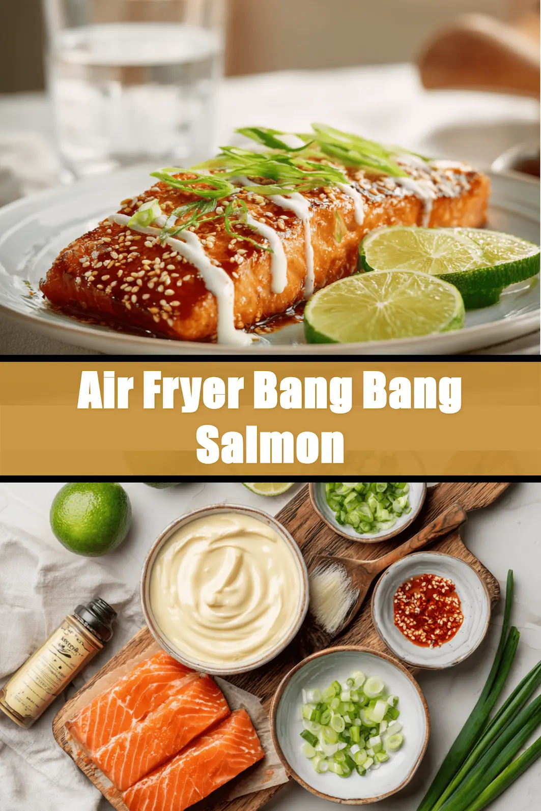 Air Fryer Bang Bang Salmon plated with sesame seeds lime wedges and green onions_pin