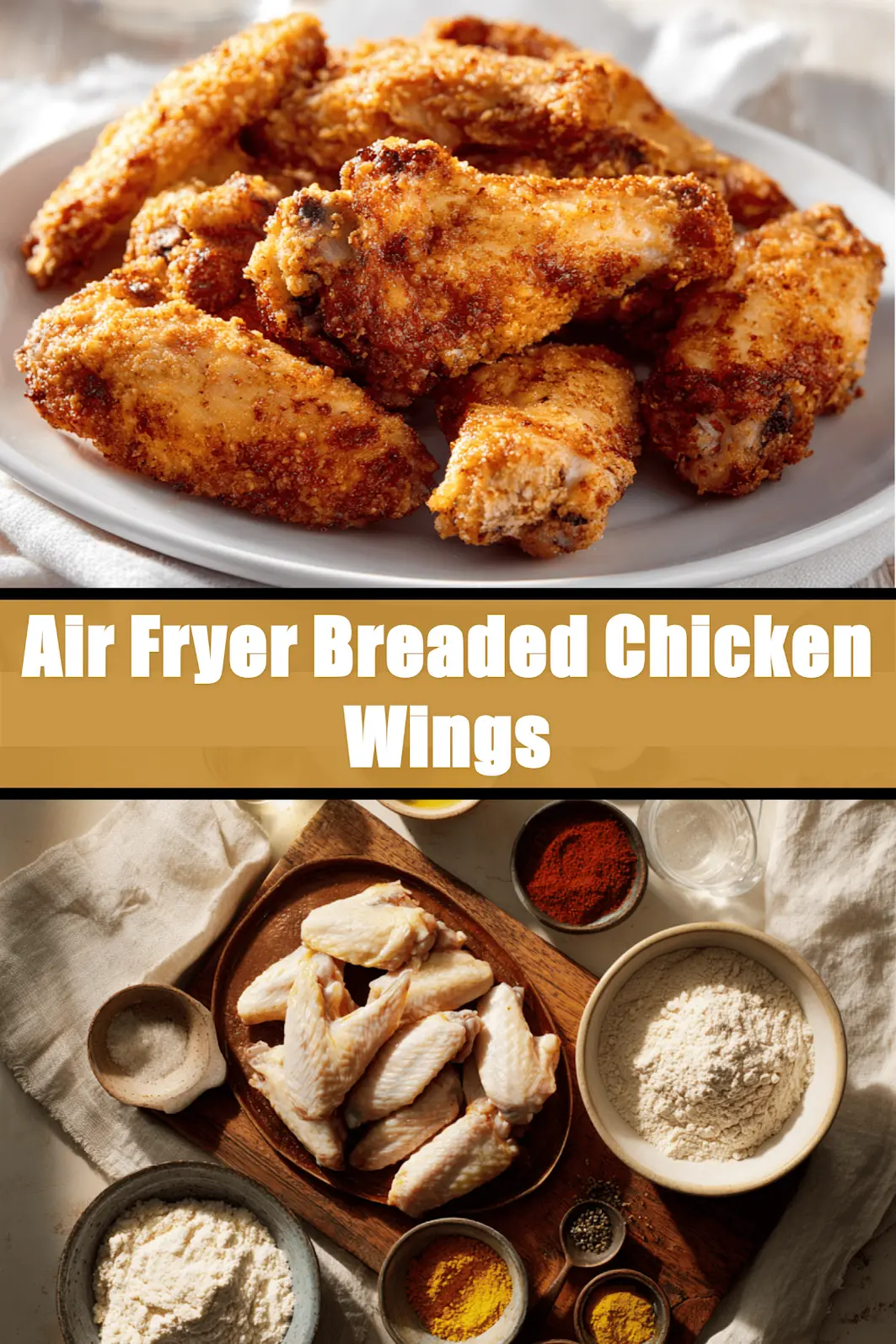Air Fryer Breaded Chicken Wings plated with golden crust and simple glass of water_pin