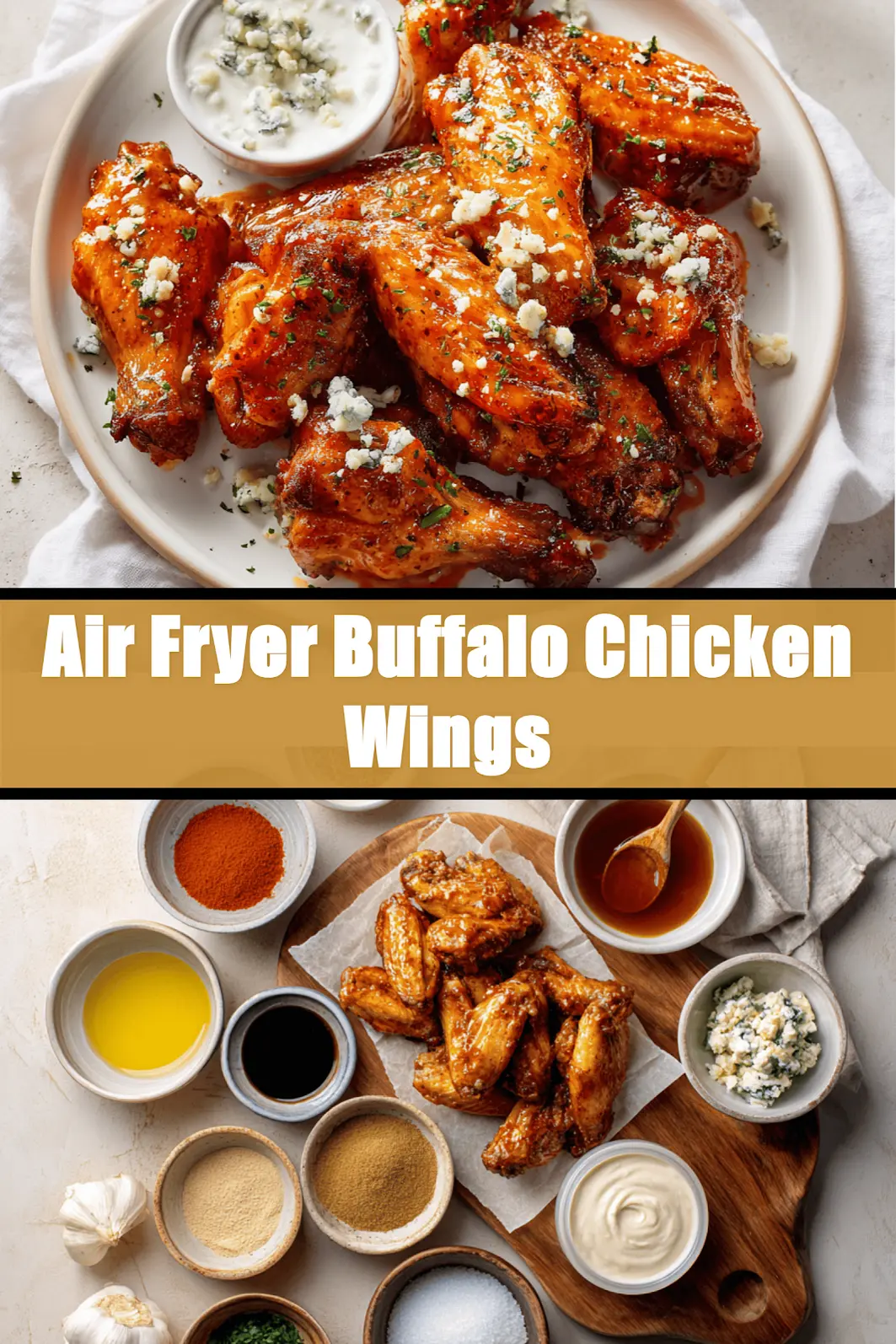 Air Fryer Buffalo Chicken Wings on white napkin with blue cheese dressing and water_pin