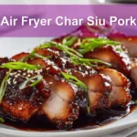 Air Fryer Char Siu Pork sliced glazed on white napkin with clear glass of water