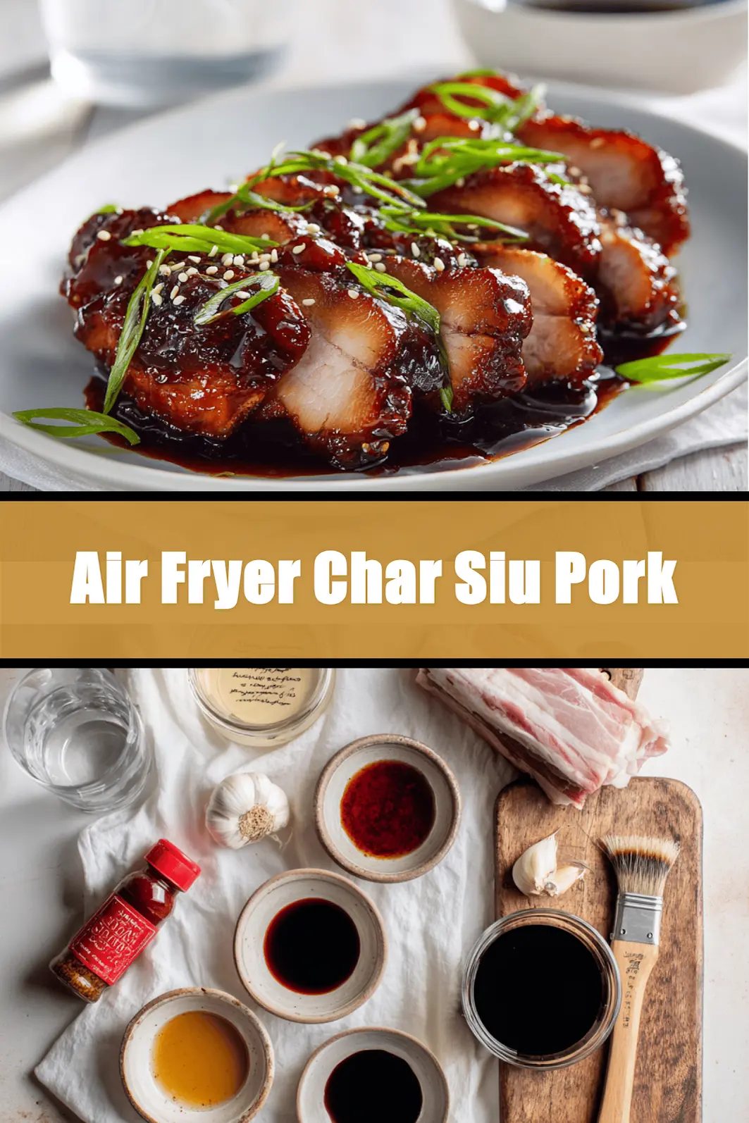 Air Fryer Char Siu Pork: Simple Delicious Recipe 6 Air Fryer Char Siu Pork sliced glazed on white napkin with clear glass of water_pin