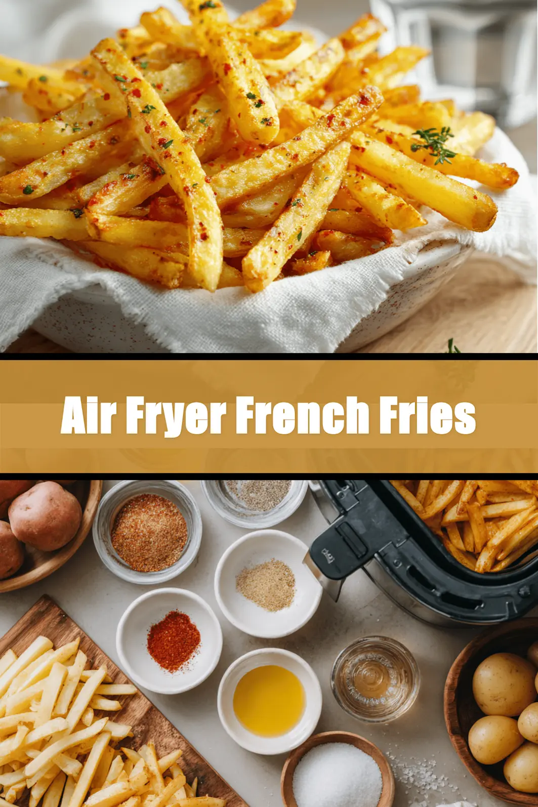 Crispy Air Fryer French Fries on white napkin with clear water glass and warm tones_pin