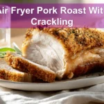 Air Fryer Pork Roast With Crackling golden skin on white napkin glass of water