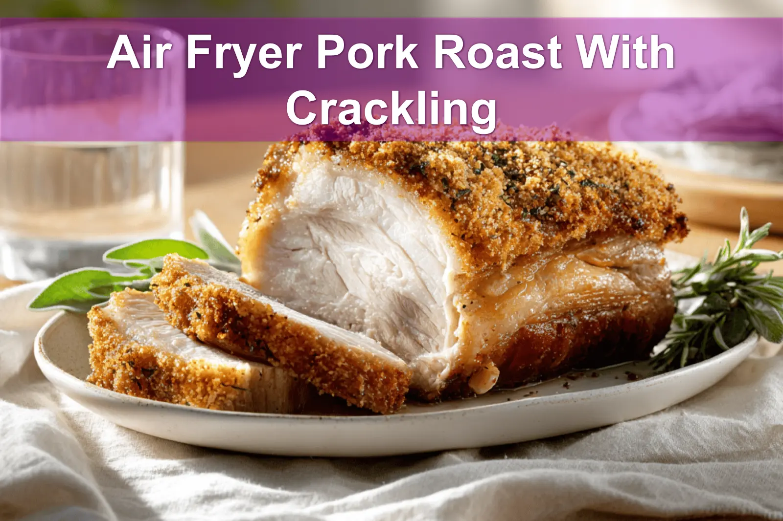 Air Fryer Pork Roast With Crackling golden skin on white napkin glass of water