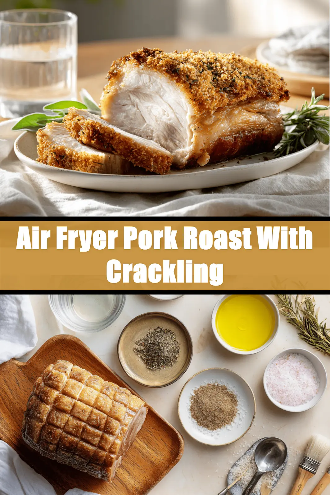 Air Fryer Pork Roast With Crackling: Simple and Delicious Recipe 6 Air Fryer Pork Roast With Crackling golden skin on white napkin glass of water_pin