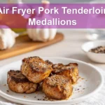 Air Fryer Pork Tenderloin Medallions plated on white napkin with glass of water and seasonings