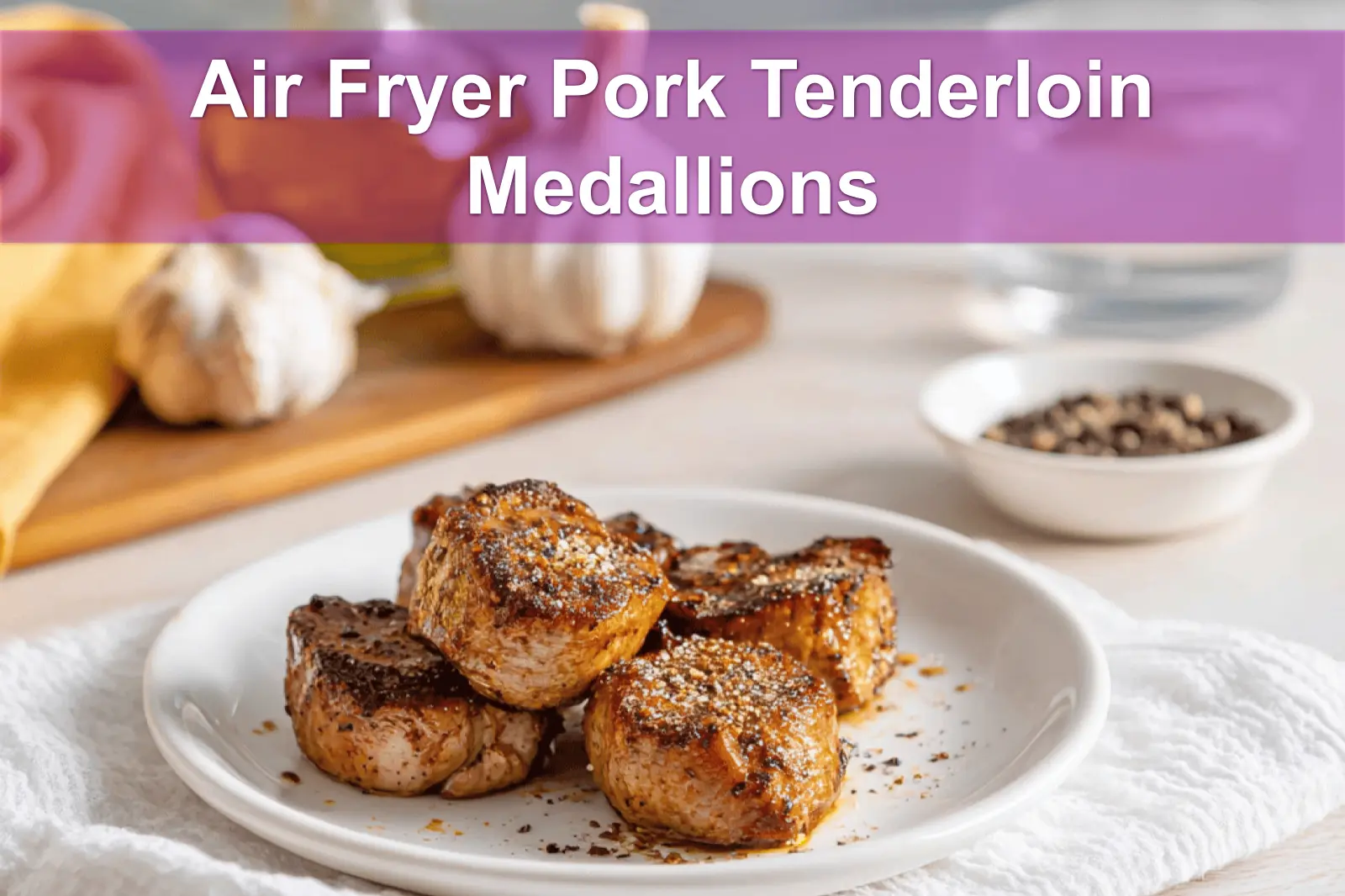 Air Fryer Pork Tenderloin Medallions plated on white napkin with glass of water and seasonings