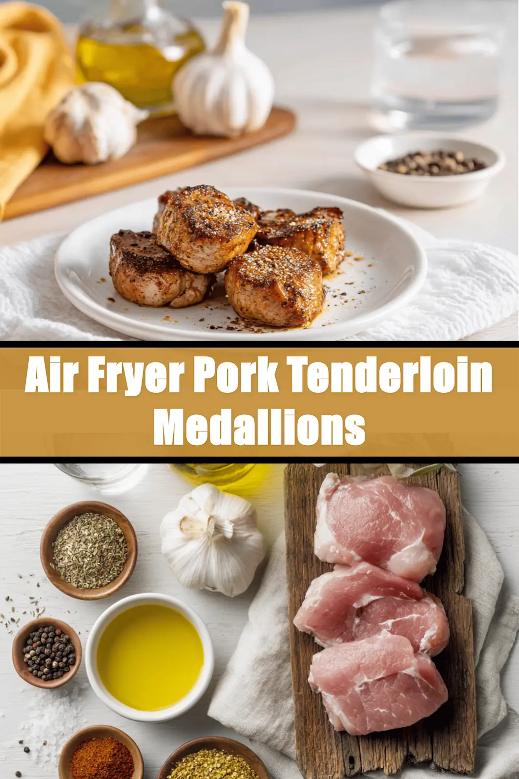 Air Fryer Pork Tenderloin Medallions: Easy Delicious Recipe 6 Air Fryer Pork Tenderloin Medallions plated on white napkin with glass of water and seasonings_pin