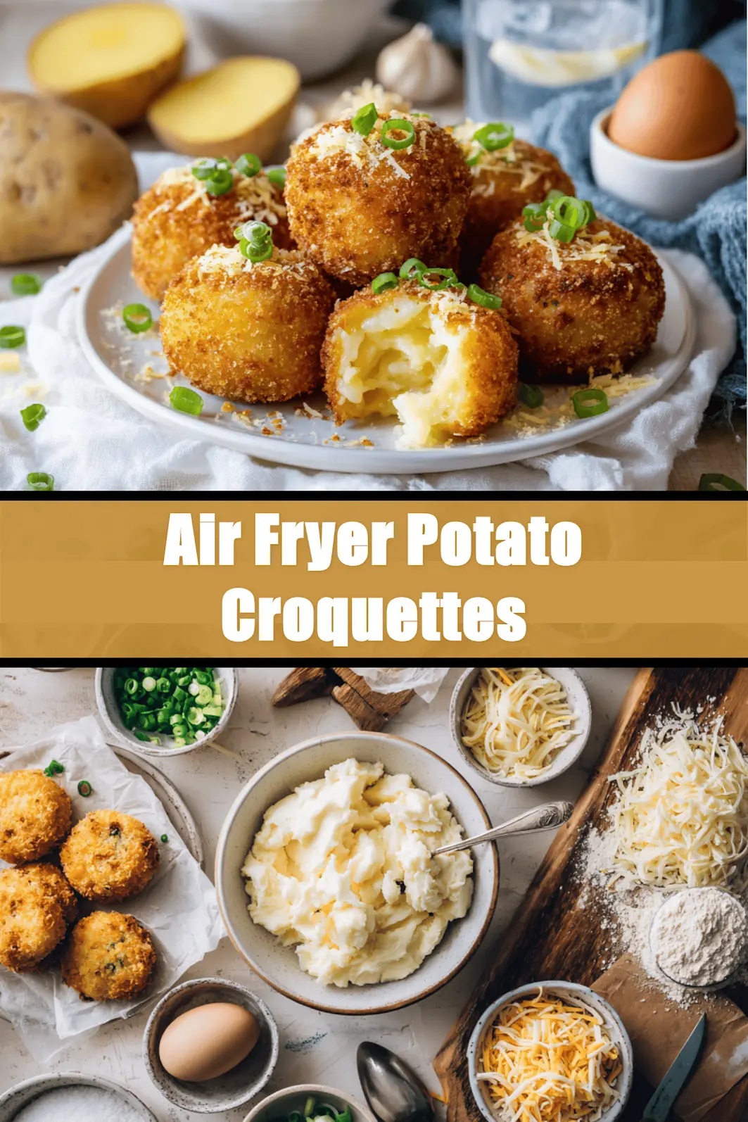 Air Fryer Potato Croquettes: Easy Delicious Recipe 6 Air Fryer Potato Croquettes golden crispy croquettes with melted cheese and green onions_pin