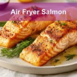 Air Fryer Salmon on ceramic plate with lemon wedges and fresh herbs