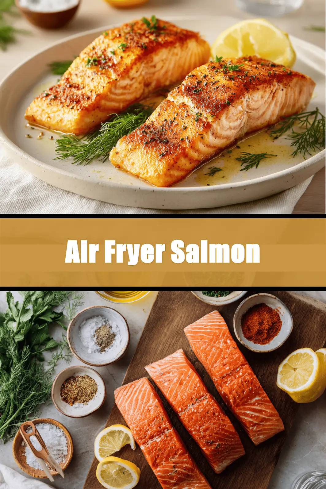 Air Fryer Salmon on ceramic plate with lemon wedges and fresh herbs_pin