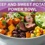 BEEF AND SWEET POTATO POWER BOWL with seared sirloin roasted sweet potato avocado black beans corn