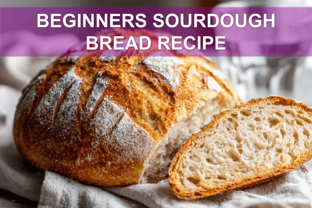 BEGINNERS SOURDOUGH BREAD RECIPE warm crusted scored loaf on white cloth with water