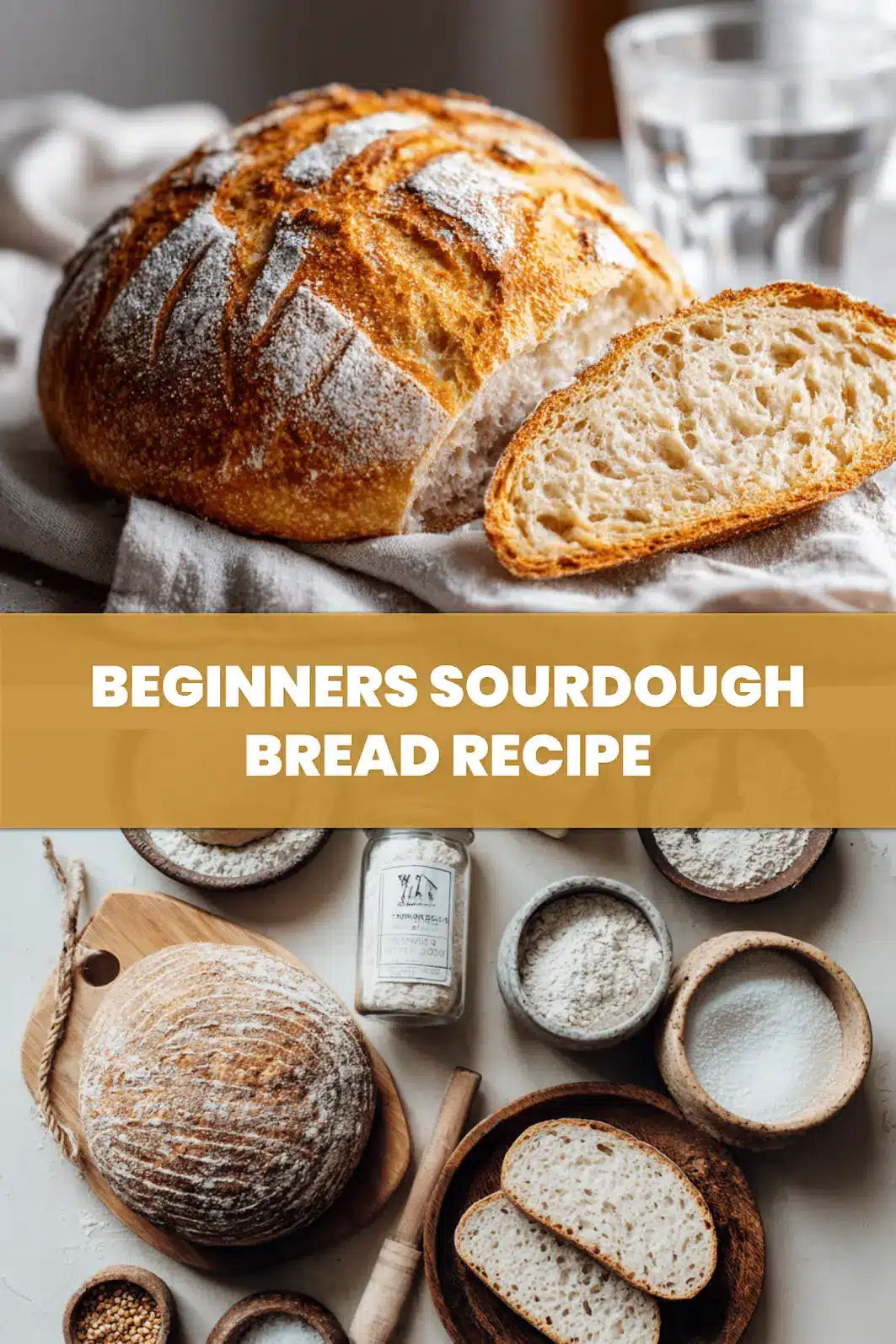 Beginner’s Sourdough Bread Recipe: Easy and Delicious Steps 6 BEGINNERS SOURDOUGH BREAD RECIPE warm crusted scored loaf on white cloth with water_pin