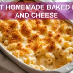 BEST HOMEMADE BAKED MAC AND CHEESE vibrant golden crust served in rustic white dish with glass of water