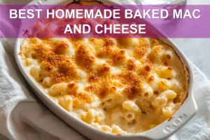 BEST Homemade Baked Mac and Cheese: Easy & Irresistible BEST HOMEMADE BAKED MAC AND CHEESE vibrant golden crust served in rustic white dish with glass of water
