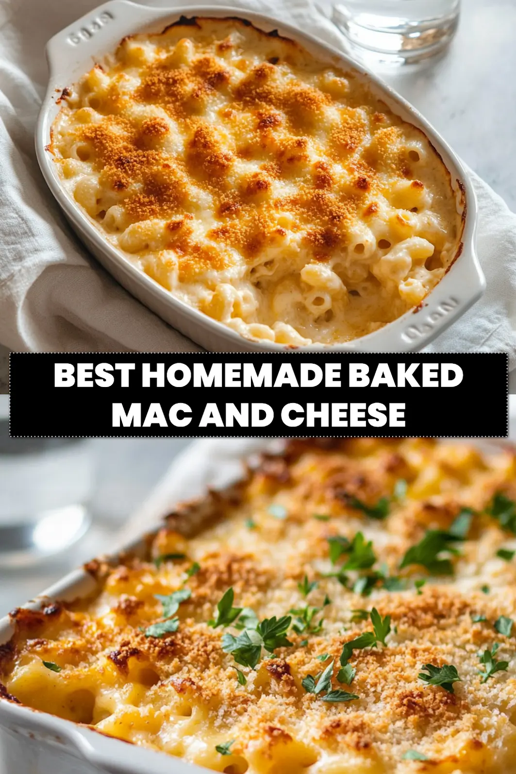 BEST HOMEMADE BAKED MAC AND CHEESE vibrant golden crust served in rustic white dish with glass of water_pin