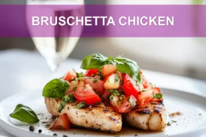 BRUSCHETTA CHICKEN topped with tomatoes basil garlic and balsamic glaze in warm light