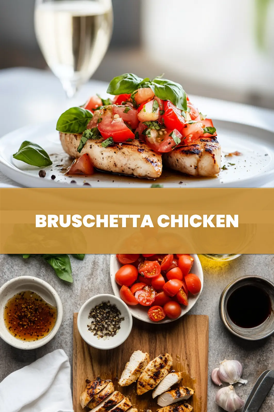Bruschetta Chicken Recipe: Easy and Delicious Dinner 6 BRUSCHETTA CHICKEN topped with tomatoes basil garlic and balsamic glaze in warm light_pin