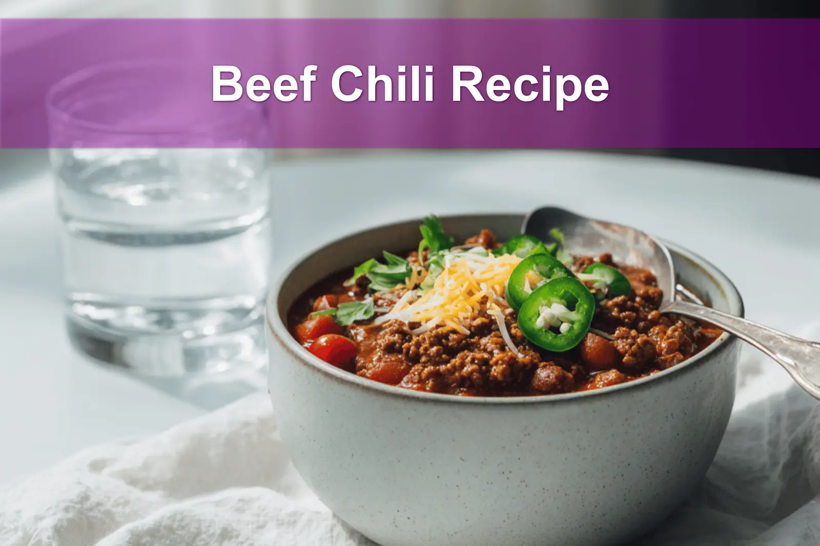 Beef Chili Recipe hearty bowl with shredded cheese fresh herbs jalapeños on white napkin