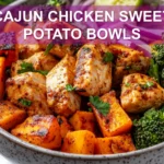 CAJUN CHICKEN SWEET POTATO BOWLS vibrant bowl with roasted sweet potatoes chicken peppers and herbs