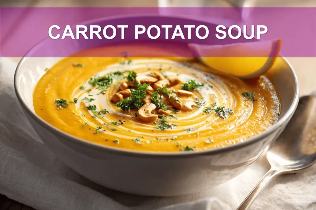 CARROT POTATO SOUP creamy bowl on white cloth with clear glass of water warm natural lighting