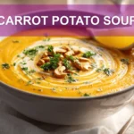 CARROT POTATO SOUP creamy bowl on white cloth with clear glass of water warm natural lighting