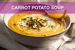 CARROT POTATO SOUP creamy bowl on white cloth with clear glass of water warm natural lighting