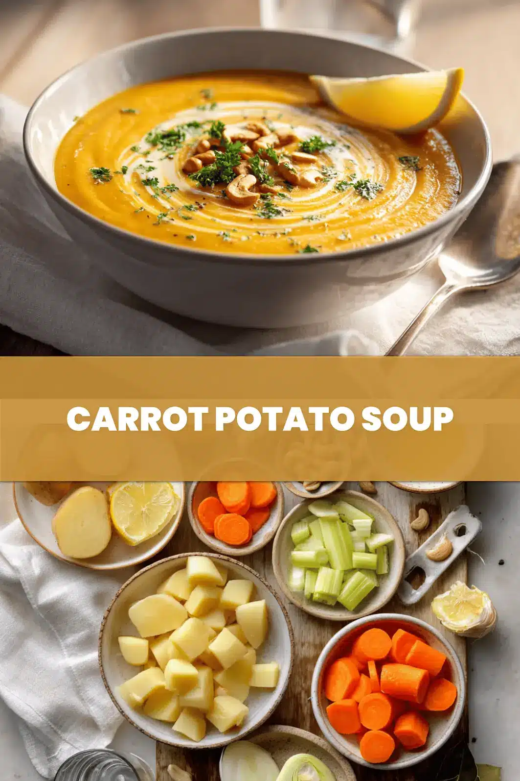 CARROT POTATO SOUP creamy bowl on white cloth with clear glass of water warm natural lighting_pin