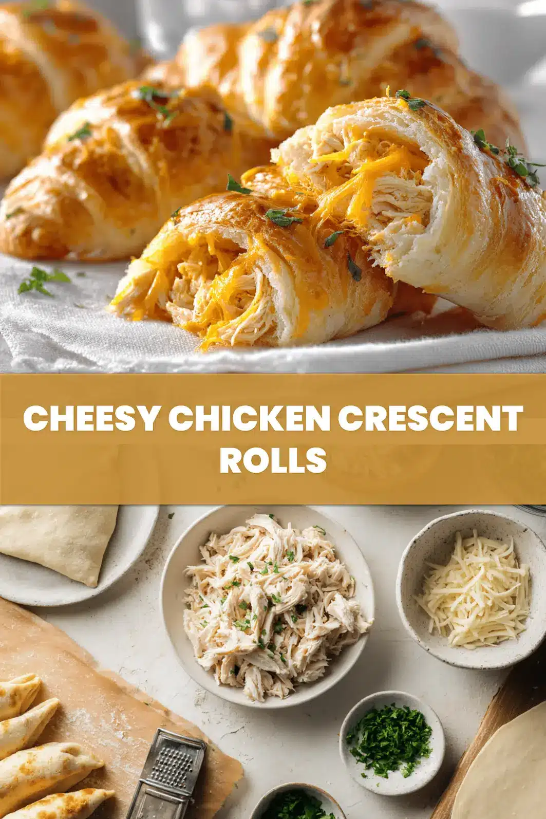 Cheesy Chicken Crescent Rolls: Easy Delicious Supper 6 CHEESY CHICKEN CRESCENT ROLLS golden baked crescents with melted cheese and herb garnish_pin