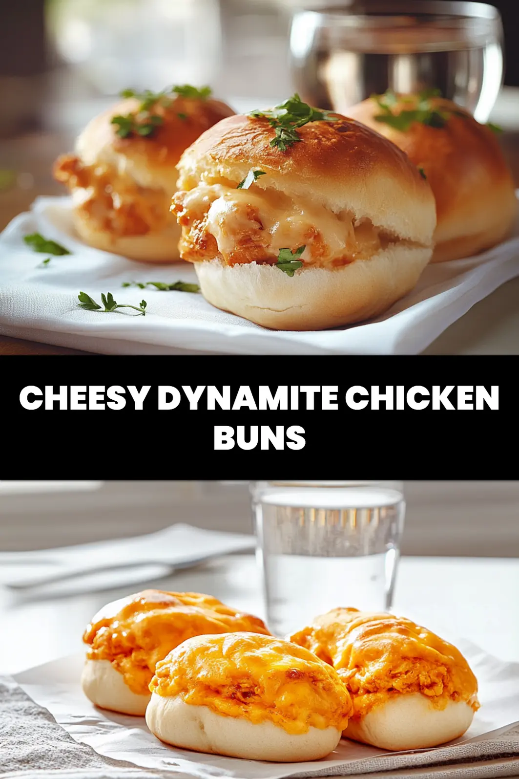 Cheesy Dynamite Chicken Buns: Easy and Irresistible! 7 CHEESY DYNAMITE CHICKEN BUNS golden baked buns with melted cheese and spicy filling_pin