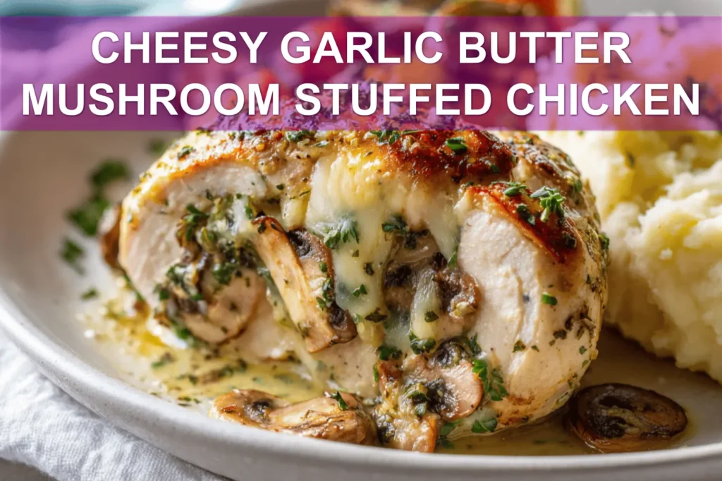 CHEESY GARLIC BUTTER MUSHROOM STUFFED CHICKEN plated with roasted vegetables and creamy mashed potatoes