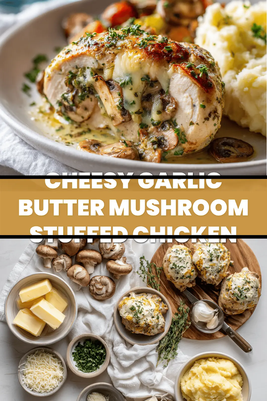Cheesy Garlic Butter Mushroom Stuffed Chicken: Easy and Delicious 6 CHEESY GARLIC BUTTER MUSHROOM STUFFED CHICKEN plated with roasted vegetables and creamy mashed potatoes_pin