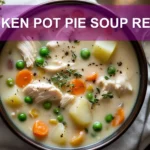 CHICKEN POT PIE SOUP RECIPE warm bowl of chicken pot pie soup with creamy vegetables and thyme