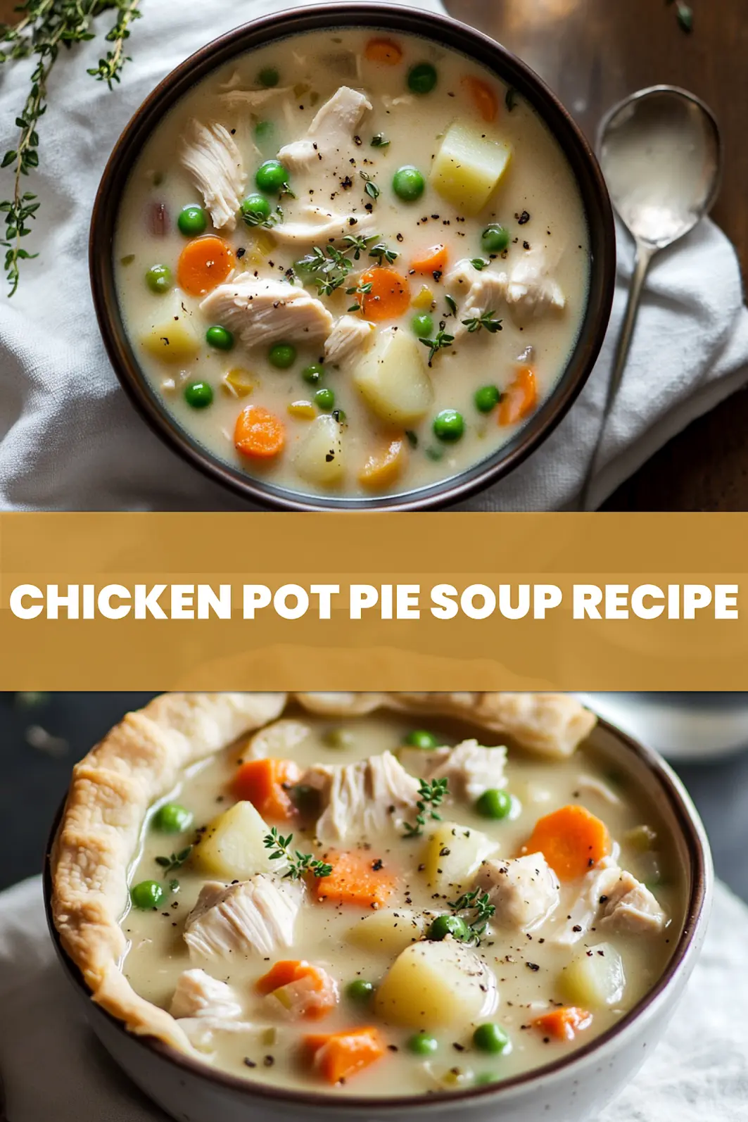 CHICKEN POT PIE SOUP RECIPE warm bowl of chicken pot pie soup with creamy vegetables and thyme_pin