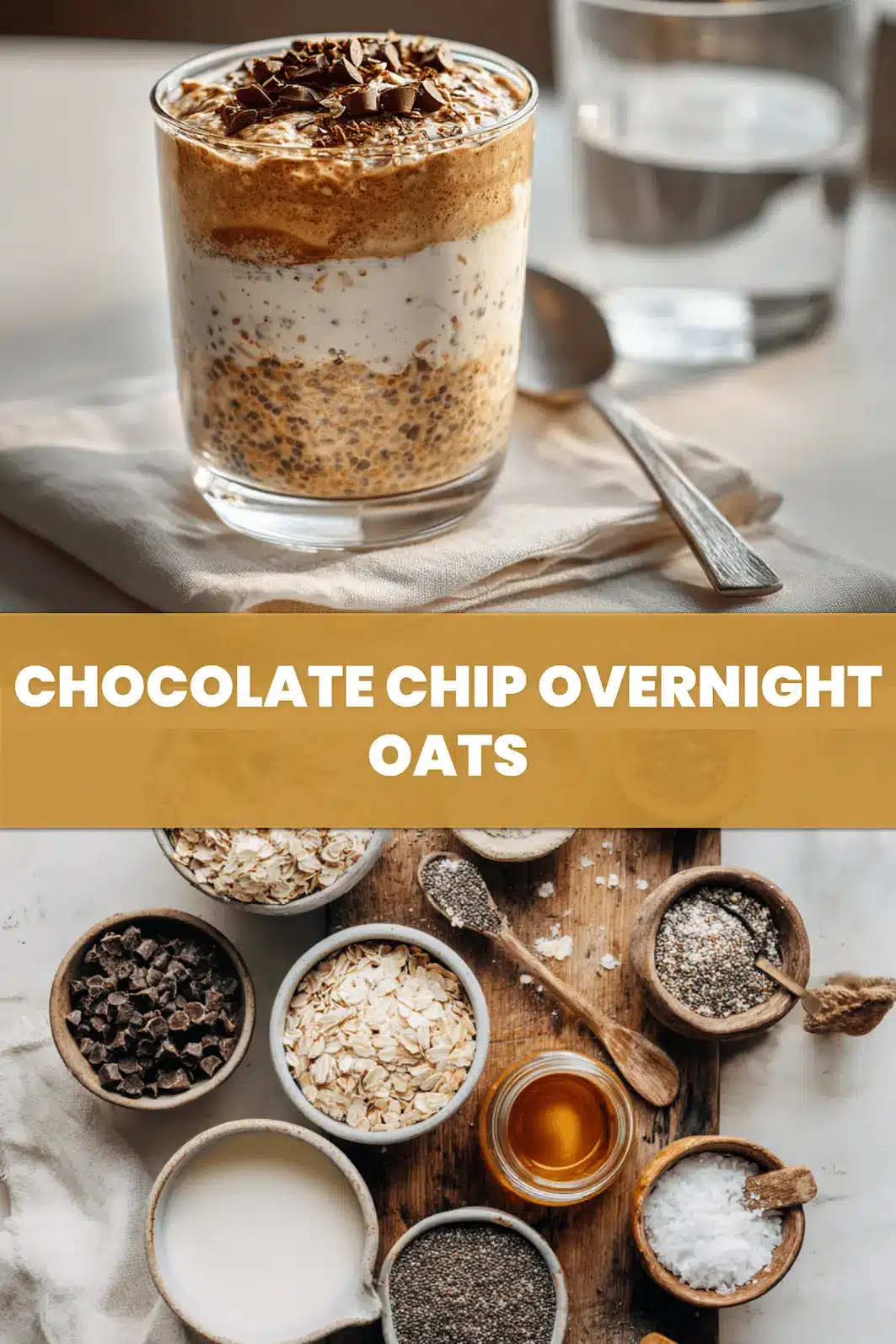 CHOCOLATE CHIP OVERNIGHT OATS creamy jar topped with vegan chips in warm natural light_pin