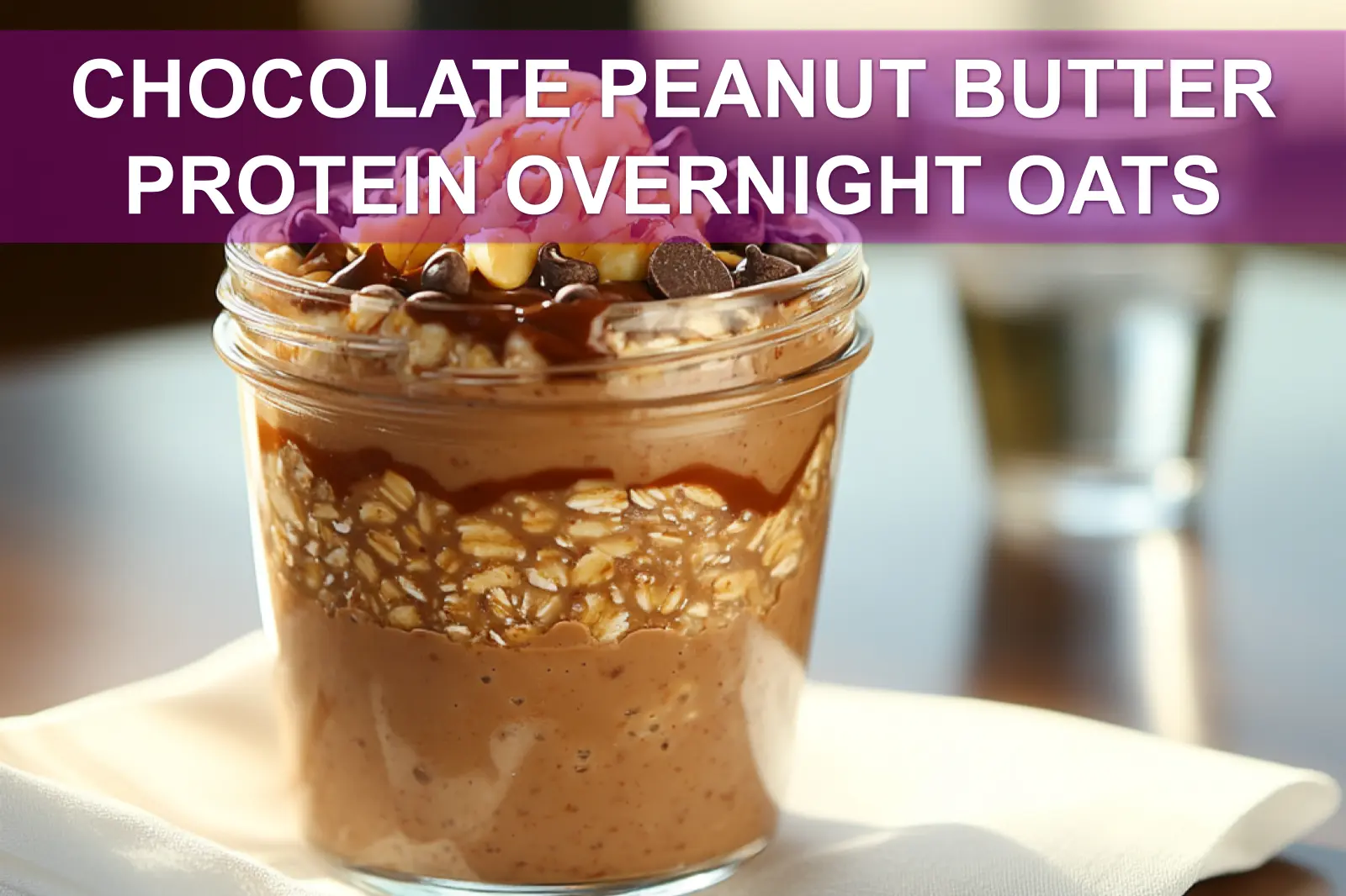 CHOCOLATE PEANUT BUTTER PROTEIN OVERNIGHT OATS in jar with peanut butter drizzle and chocolate chips