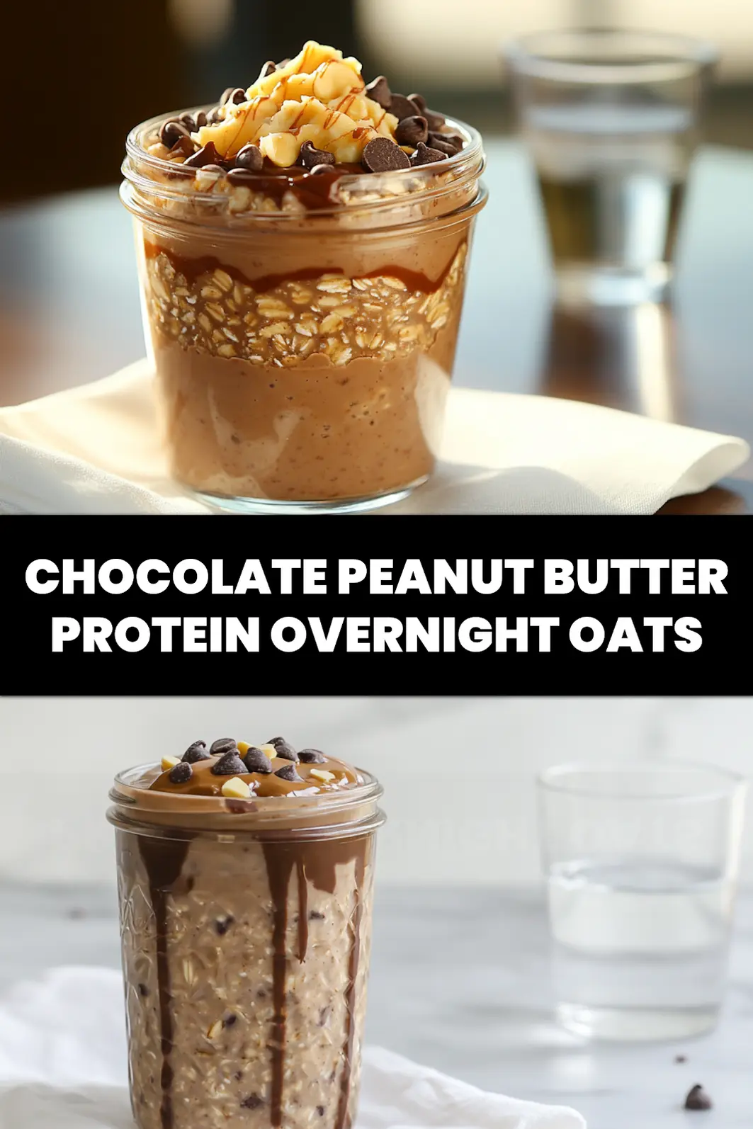 Chocolate Peanut Butter Protein Overnight Oats: Easy & Delicious 6 CHOCOLATE PEANUT BUTTER PROTEIN OVERNIGHT OATS in jar with peanut butter drizzle and chocolate chips_pin